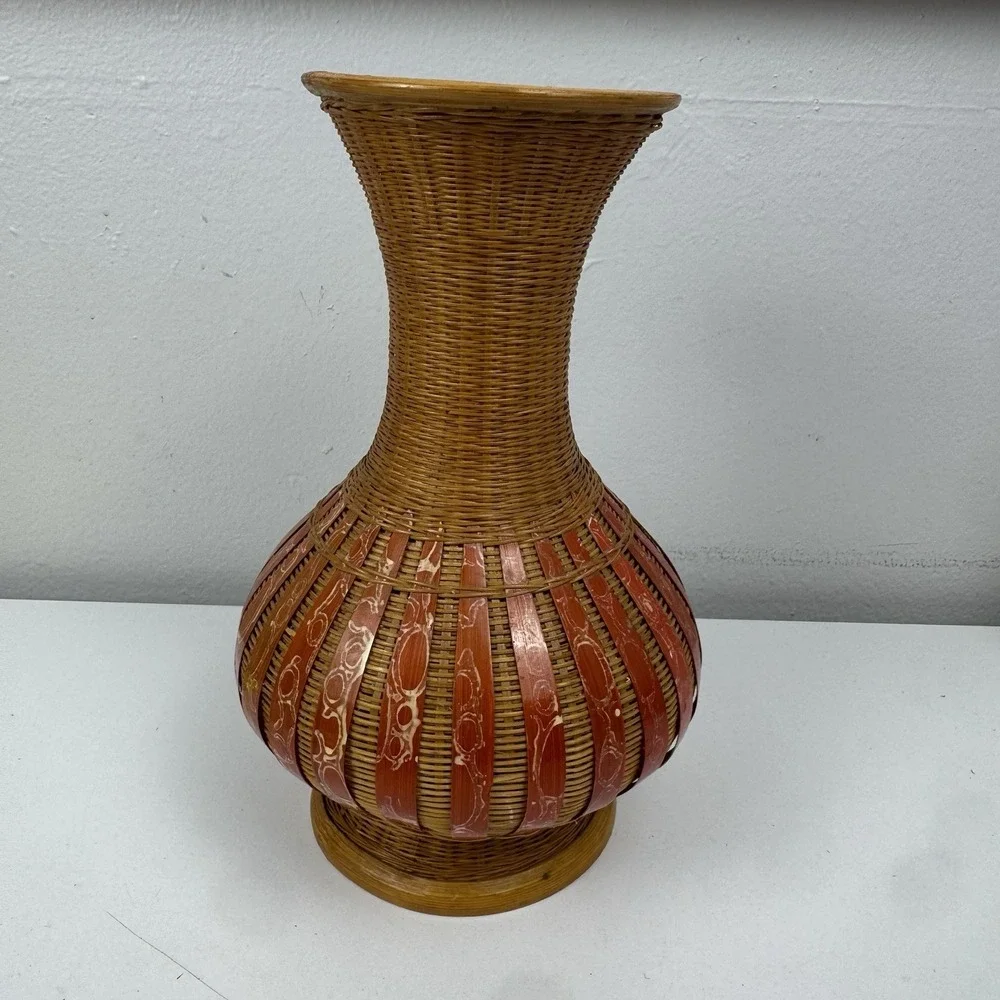Vtg Wicker Rattan Vase Red Bamboo Inlay Boho Tropical Tiki Decor